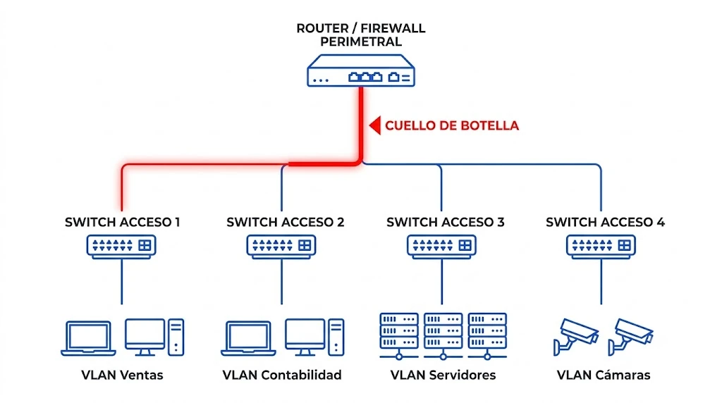 Diagrama que muestra cómo todo el tráfico entre VLANs sube por un solo enlace hacia un router y genera un cuello de botella