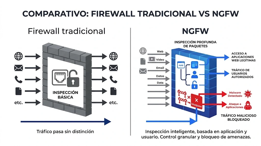 Diagrama comparando un firewall tradicional que solo ve puertos e IPs contra un NGFW que ve aplicaciones, usuarios y amenazas dentro del tráfico cifrado