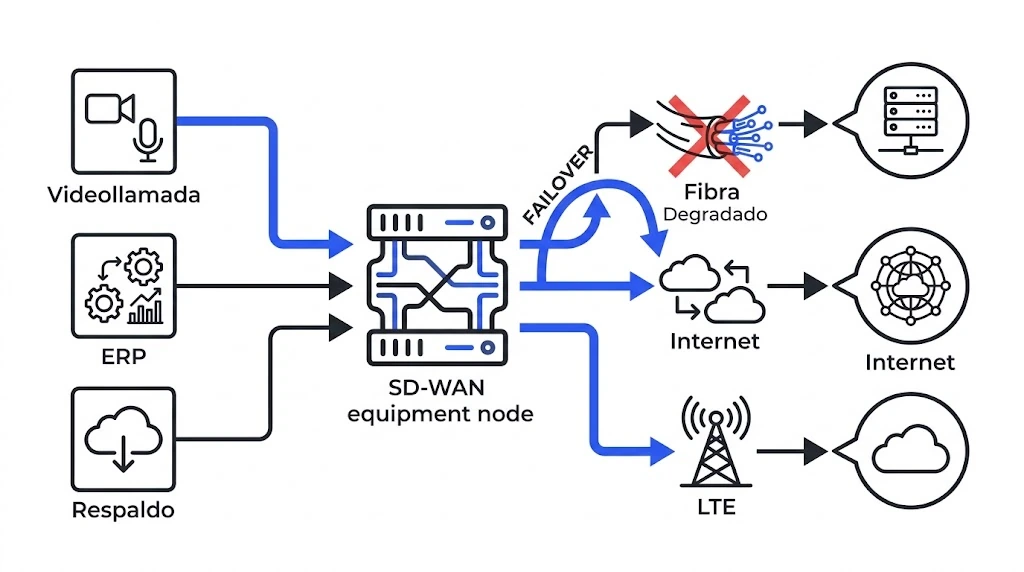 Diagrama de SD-WAN eligiendo el mejor enlace por aplicación y cambiando de ruta cuando un enlace se degrada