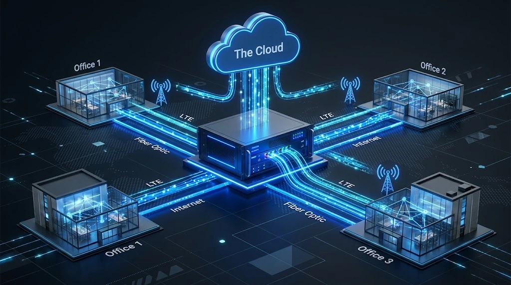 Varias sedes conectadas mediante SD-WAN de Fortinet usando enlaces de fibra, internet y LTE hacia la nube