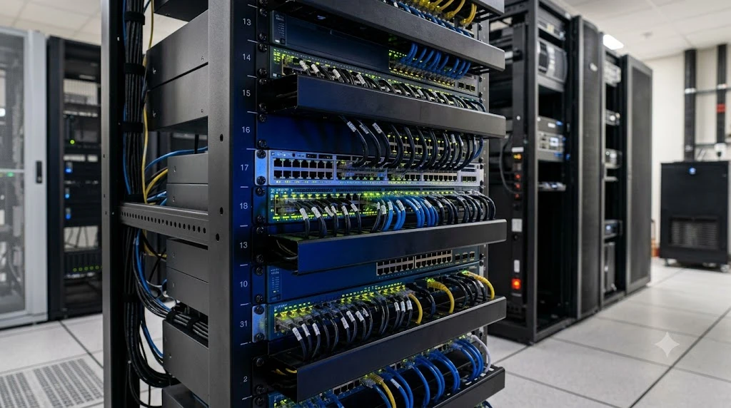 Rack de switches gestionados en el cuarto de comunicaciones de una empresa