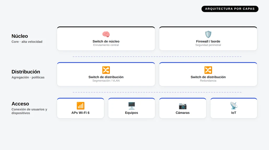 Diagrama de arquitectura de campus por capas: acceso, distribución y núcleo con dispositivos conectados